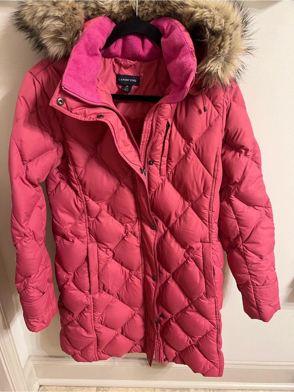 Lands' End Girls' Pink Quilted Down Winter Coat with Faux Fur Hood - size M